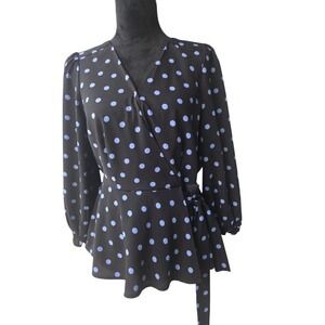 OLM Women Black Blue Polka Dot Wrap Peplum Blouse Puff‎ Sleeve V-Neck Size M A3